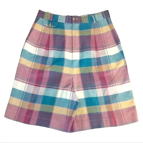 VTG 80s Colorful Plaid Ultra High Rise Cotton Mom Shorts Size 12 *fits like Med - Picture 3 of 15